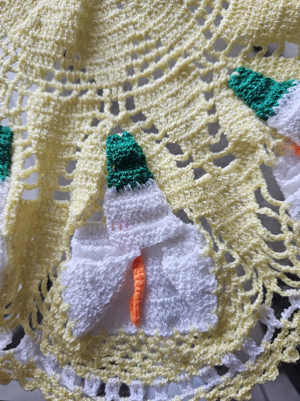 Yellow Crochet Floral Doily with White & Green Accents